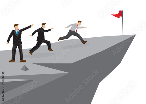 Businessman leads his team by showing direction to his team members of their future/goal. Creative cartoon vector illustration..