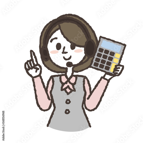 電卓を持つ案内係の女性