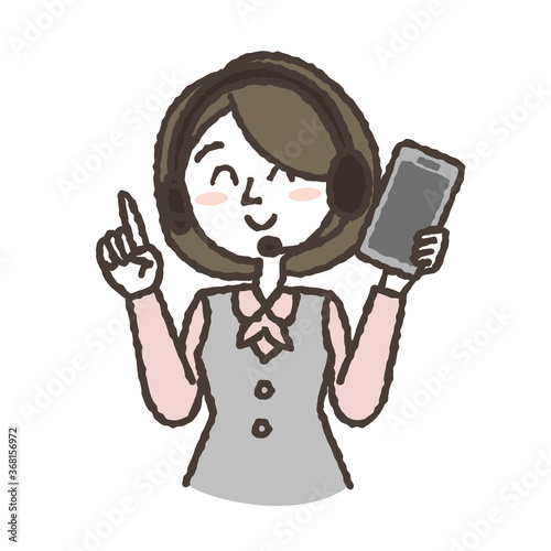 スマートフォンを持つ案内係の女性