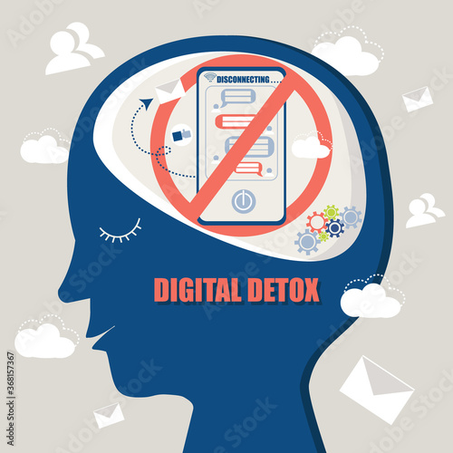 Flat design of digital detox concept, turn off smartphone and electronic devices symbol inside a brain, 