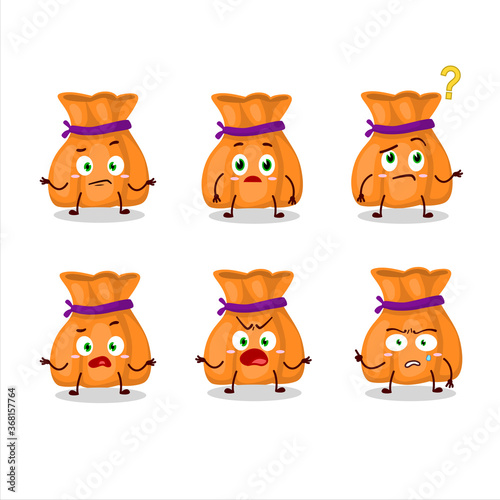 Cartoon character of orange candy sack with what expression