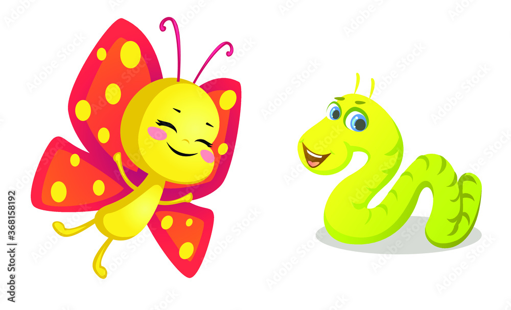Obraz premium funny cartoon butterfly and worm