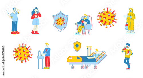 Set of Male and Female Characters with Coronavirus Symptoms Cough, Fever, Chill and Sneezing. Man in Hodpital, Covid19