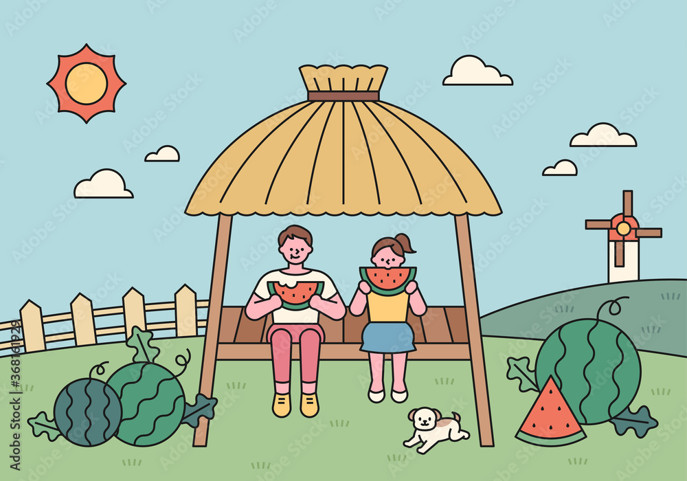 Naklejka premium Cute children are eating watermelon in the shelter in the watermelon field. Korean summer landscape. flat design style minimal vector illustration.