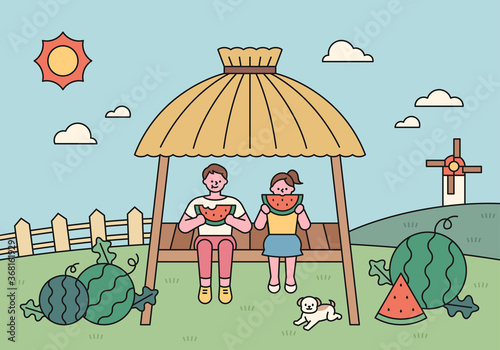 Cute children are eating watermelon in the shelter in the watermelon field. Korean summer landscape. flat design style minimal vector illustration.