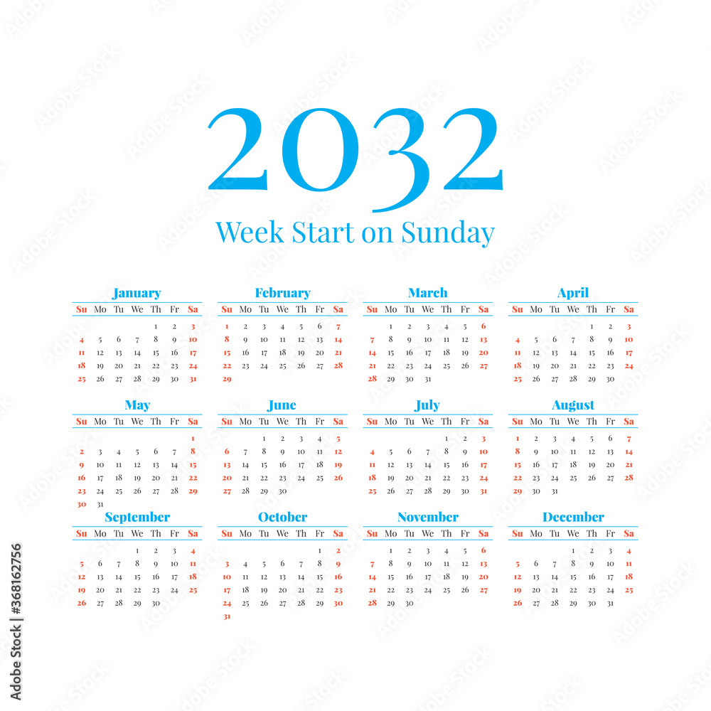 2032 Calendar with the weeks start on Sunday 2032 Calendar with the weeks start on Sunday