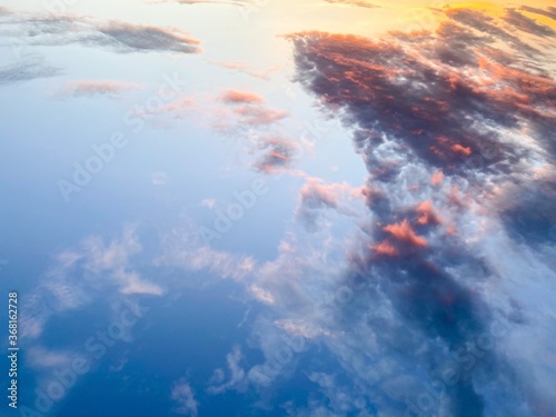 Blue sky with white clouds at sunset in summer time.Free space.