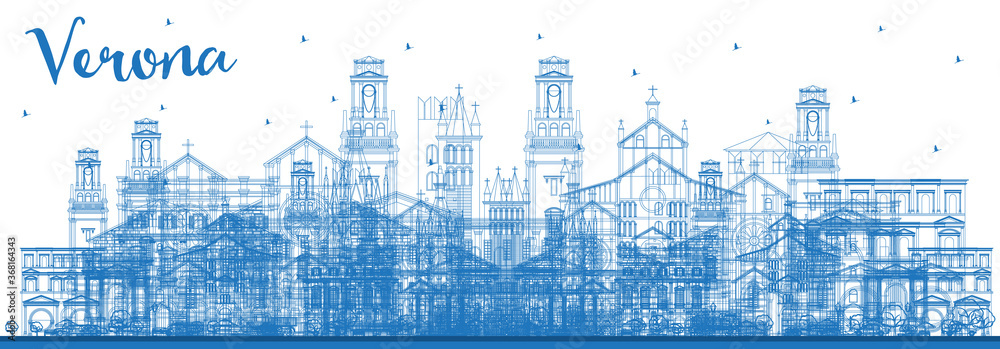 Outline Verona Italy City Skyline with Blue Buildings. Outline Verona Italy City Skyline with Blue Buildings.