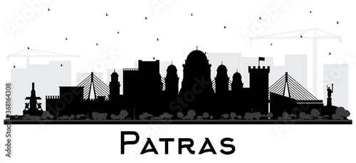 Patras Greece City Skyline Silhouette with Black Buildings Isolated on White.