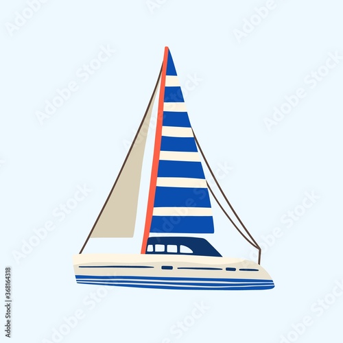 Regatta, yacht or sea sailboat sailing in the sea or ocean with minimalistic striped sail. Vacation or maritime. Flat vector cartoon simple illustration isolated on blue background