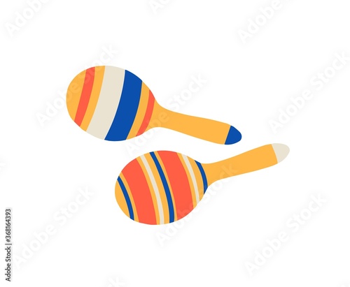 Pair of cuban, mex, mexican maracas for traditional hispanic fiesta or carnival. Music percussion, colorful ornamental rattle instrument. Flat vector cartoon illustration isolated on white background