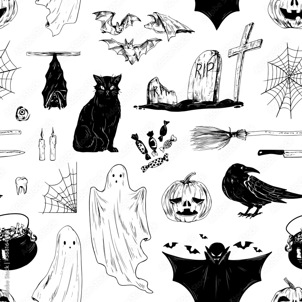 Halloween black and white seamless pattern with all saints day holiday ...