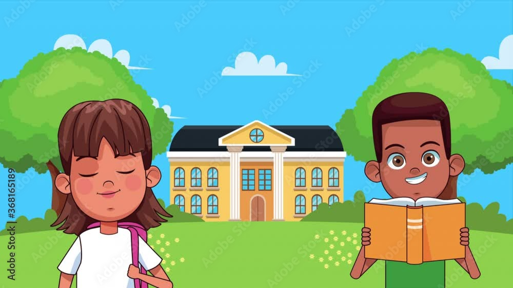 little students kids reading books in the school animated characters