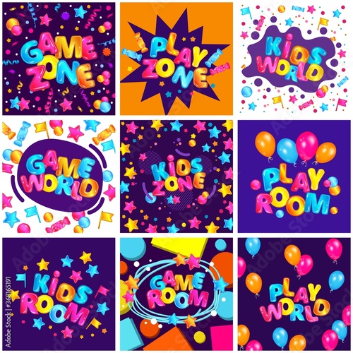 Kids game zone and play world square banner set