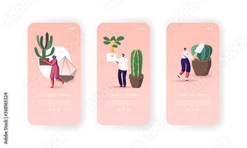 People Caring for Decorative Plants at Home Mobile App Page Onboard Screen Template. Tiny Characters Planting Flowers