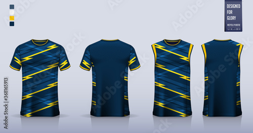 T-shirt mockup or sport shirt template design for soccer jersey or football kit. Tank top for basketball jersey or running singlet. Blue sport uniform in front view back view. Vector Illustration.