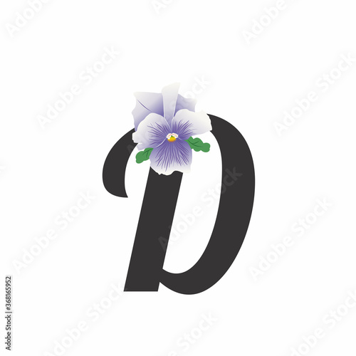 Letter D with single purple pansy flower. Hand drawn lovely garden pansy isolated on white background. Bright colors and gradients bud and leafs. Vector illustration flat style. Flower alphabet.