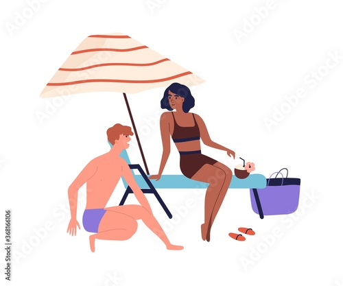Relaxing people, romantic couple or friends sunbathing. Woman and man talking...