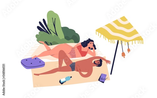 Relaxing people, romantic couple sunbathing on beach. Chubby woman and man sm...