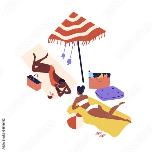Cartoon women friends sunbathing on beach in bikini. Dark skin girls rest by ...