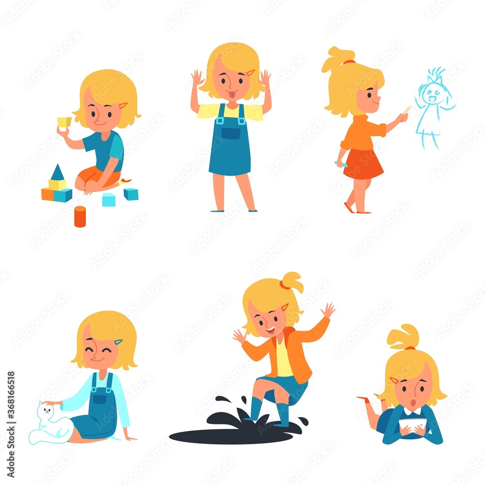 Cute cartoon girl set, collection of blonde little child playing, drawing, jumping in mud, petting a cat Cute cartoon girl set, collection of blonde little child playing, drawing, jumping in mud, petting a cat