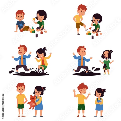 Boy and girl with good and bad behavior, comparison of kids playing together peacefully and having a conflict