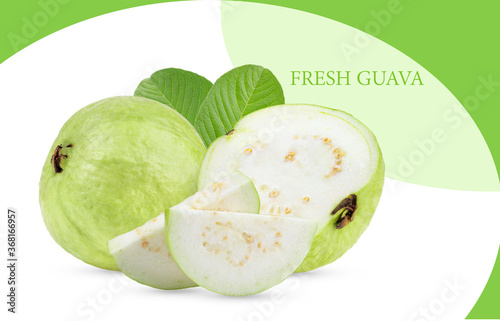 fresh guava fruit with on white and green background