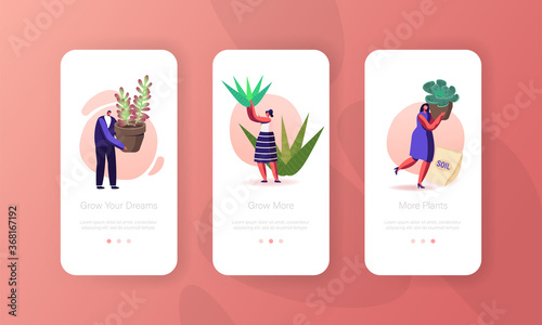 Tiny Characters Planting Decorative Plants and Flowers Mobile App Page Onboard Screen Template. People Care Houseplants