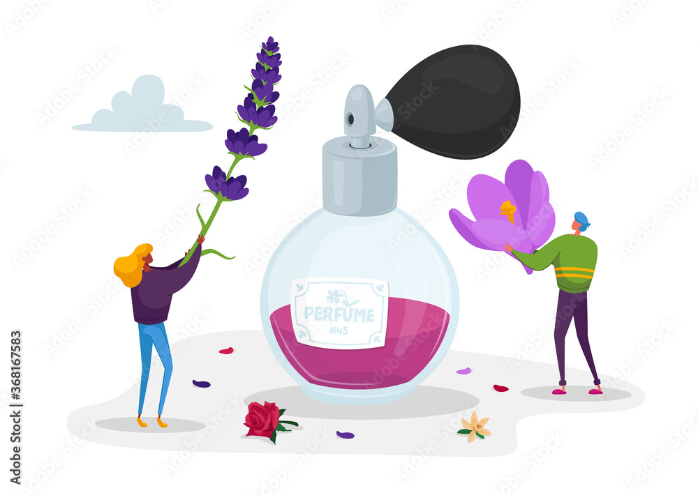 Aroma Composition. Perfumery Creation. Perfumer Characters Create Perfume Fragrance. Tiny People Bring Violet Flowers