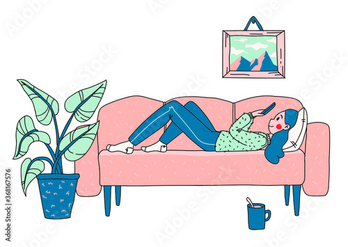 Happy girl looks into the phone while lying on the couch. Smiling woman lies on the couch, watches social networks and drinks coffee at home. Vector illustration in flat style