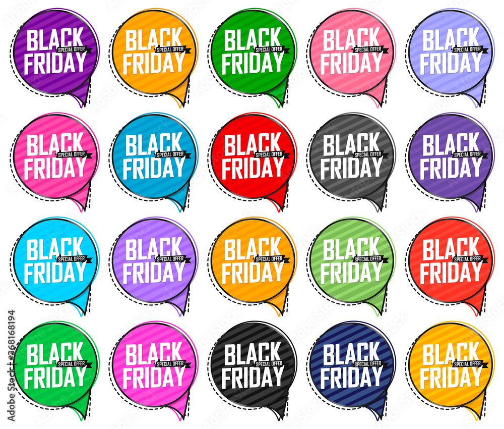 Obraz premium Black Friday, Set Sale speech bubble banners design template, discount tags, final season offers, vector illustration