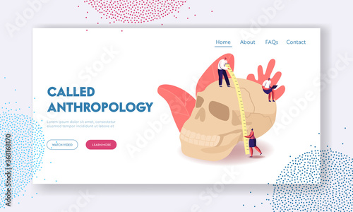 Characters Studying Anthropology Landing Page Template. Tiny People Measuring Huge Human Skull for Prehistoric Research