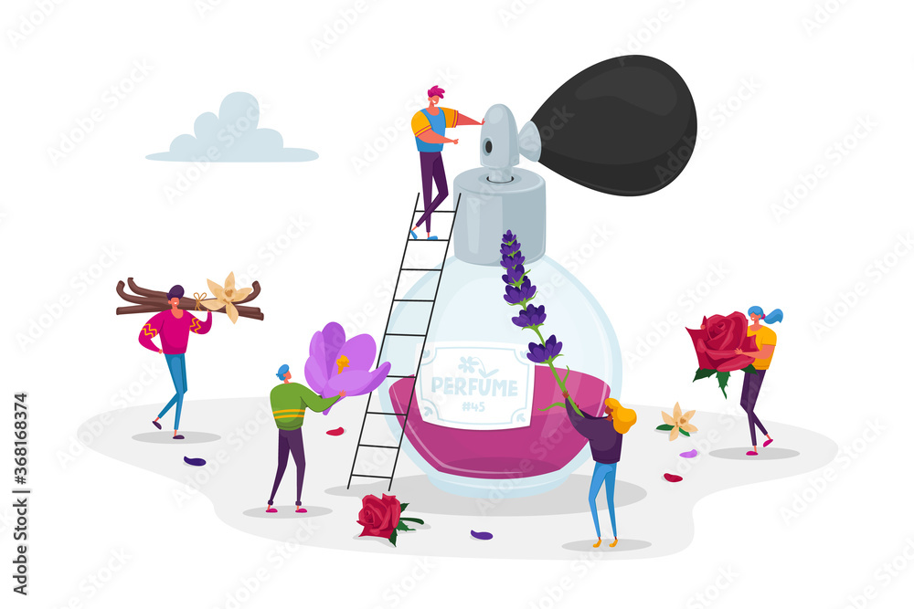 Aroma Composition, Perfumery. Perfumer Characters Create Perfume Fragrance. Tiny People Bring Ingredients to Huge Bottle