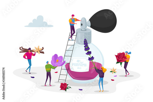 Aroma Composition, Perfumery. Perfumer Characters Create Perfume Fragrance. Tiny People Bring Ingredients to Huge Bottle