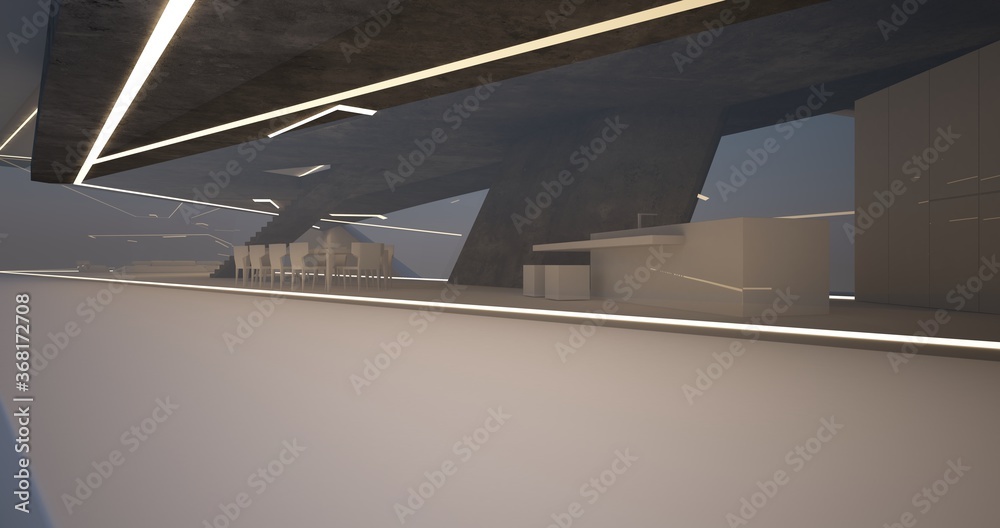 Fototapeta premium Abstract architectural minimalistic background. Modern villa made of black concrete. Сontemporary interior design. Pool patio view to the sea. Backlit evening view. 3D illustration and rendering.