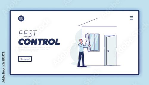 Pest control landing page with man putting mosquito net on window