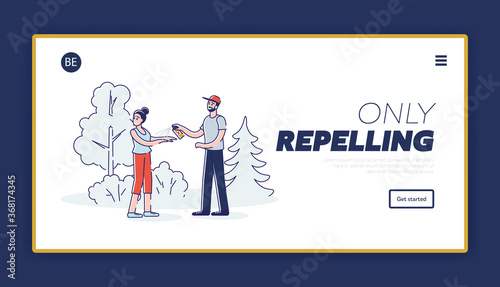 Repellents from biting insects landing page template with man spraying insect repellent on woman