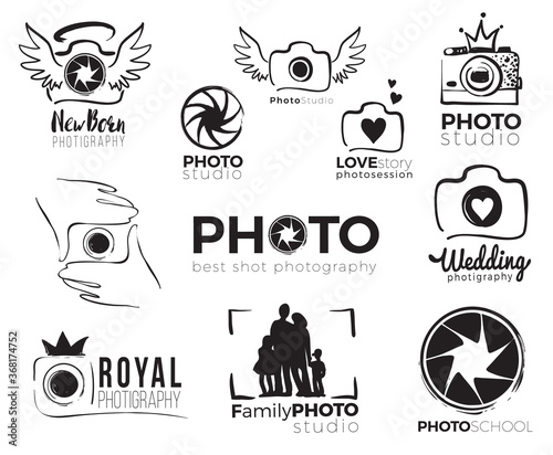 Photography and photo studio hand drawn logo black color sketch. Vector design elements, business signs, logos, identity, labels, badges and branding objects for business. Vector illustration