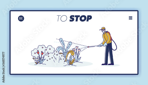 Garden pests protection landing page. Man spraying pesticide and insecticide on flowers in garden