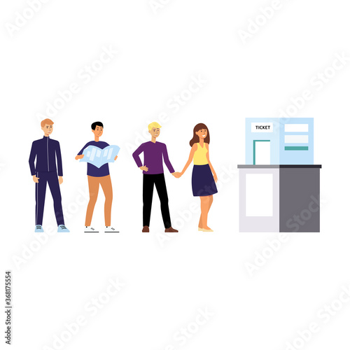 A young couple, men and a woman are standing in line or queue for tickets.