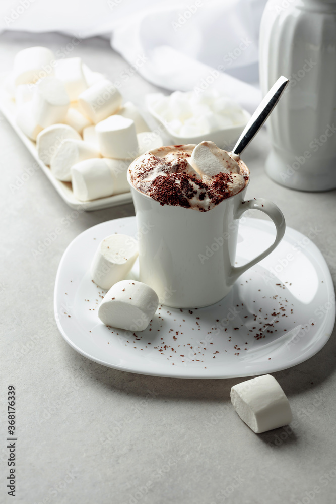 Hot chocolate with marshmallows sprinkled with chocolate crumbs. - obrazy, fototapety, plakaty 
