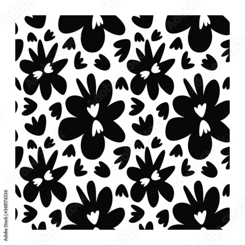 Seamless pattern of black and white silhouette stamp of flowers. Decorative floral elements.