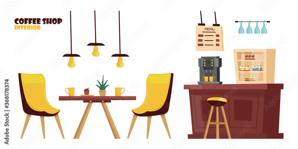 Fototapeta premium Coffee Shop Interior. Empty cafe, interior with bar counter, coffee machine, table and chairs. Vector cartoon illustration.