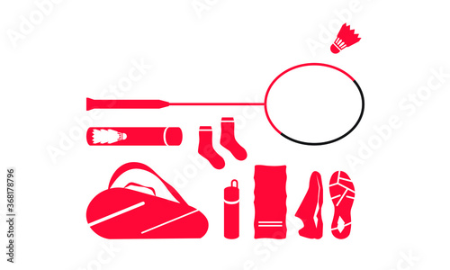 Badminton Icon Pack with Racket, Shuttlecock, Shoes, Socks, Bag, and Water Bottle.