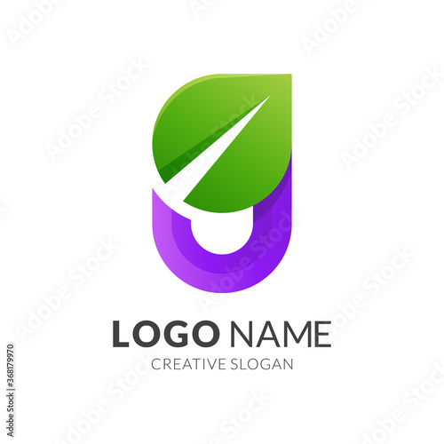 letter g and leaf logo template, modern 3d logo style in gradient green and purple color