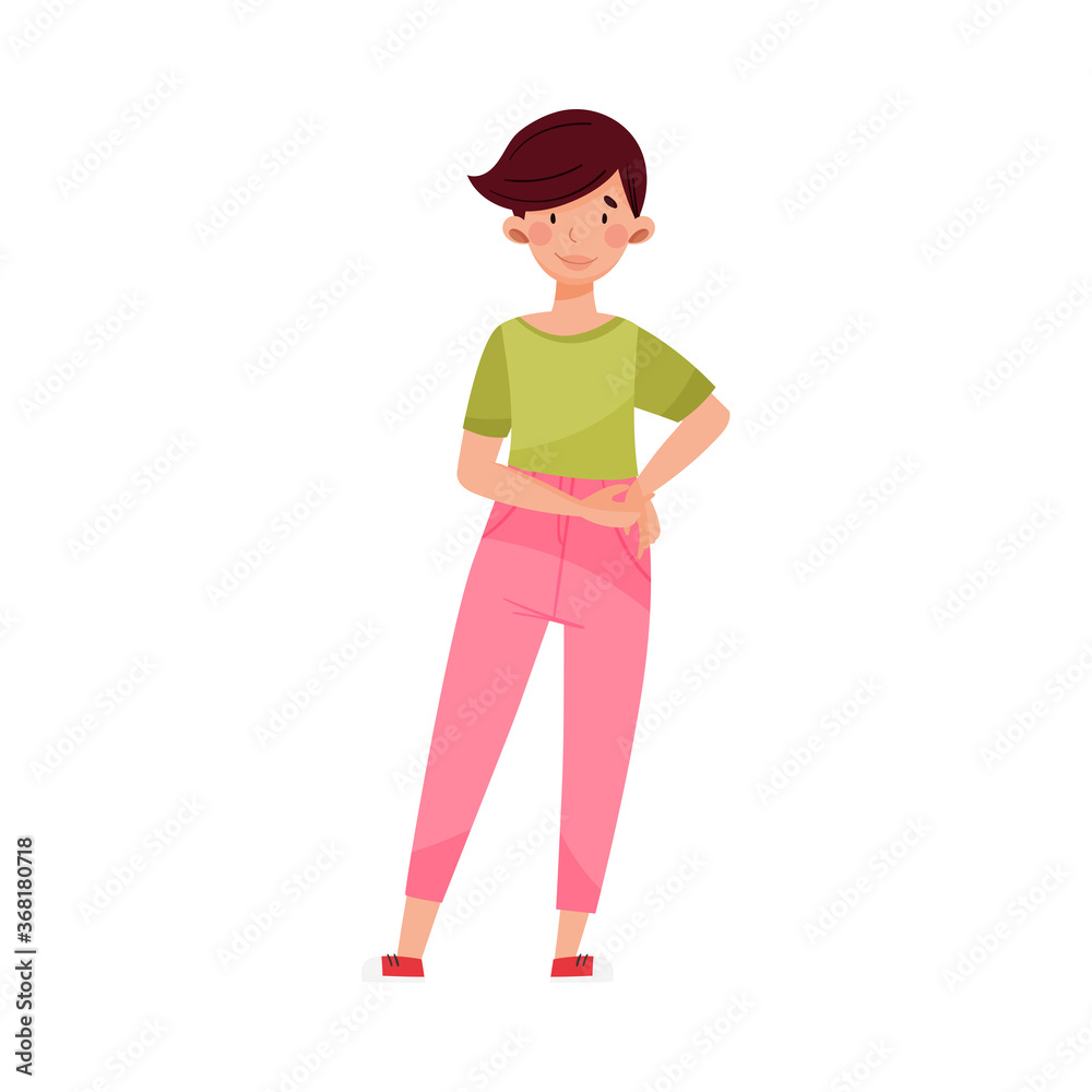 Short-haired Woman Wearing Sweatshirt and Jeans Standing Vector Illustration