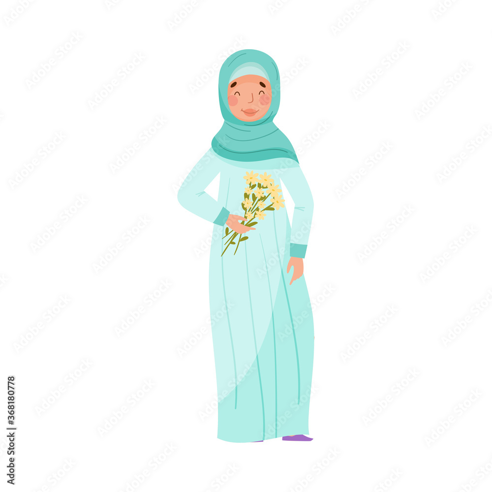 Muslim Woman Wearing Long Dress and Head Shawl Standing and Holding Flower Bouquet Vector Illustration Muslim Woman Wearing Long Dress and Head Shawl Standing and Holding Flower Bouquet Vector Illustration