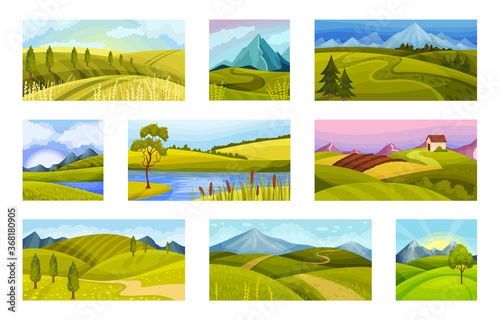 Green Landscapes with Hills and Clear Sky Vector Illustration Set