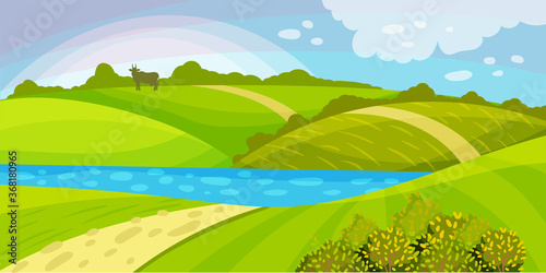 Fototapeta Naklejka Na Ścianę i Meble -  Green Landscape with Hills, River and Clear Sky Vector Illustration