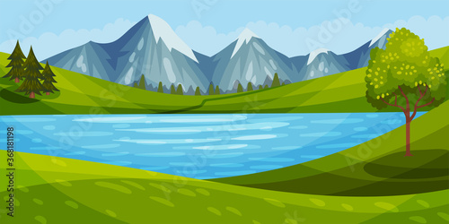 Mountain Peaks, River and Clear Sky as Green Landscape Vector Illustration